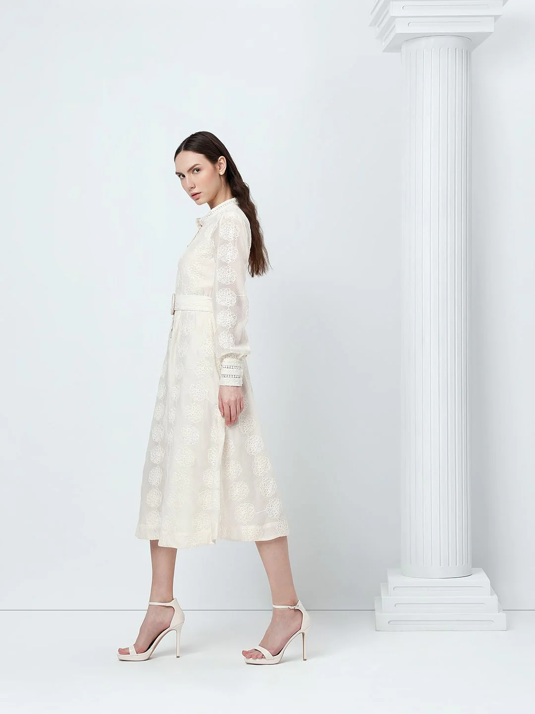 White Embroidered Cuffed Sleeves Dress - Image 3
