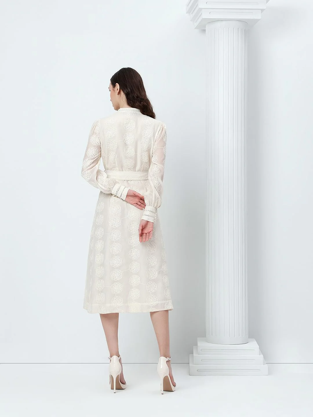 White Embroidered Cuffed Sleeves Dress - Image 4