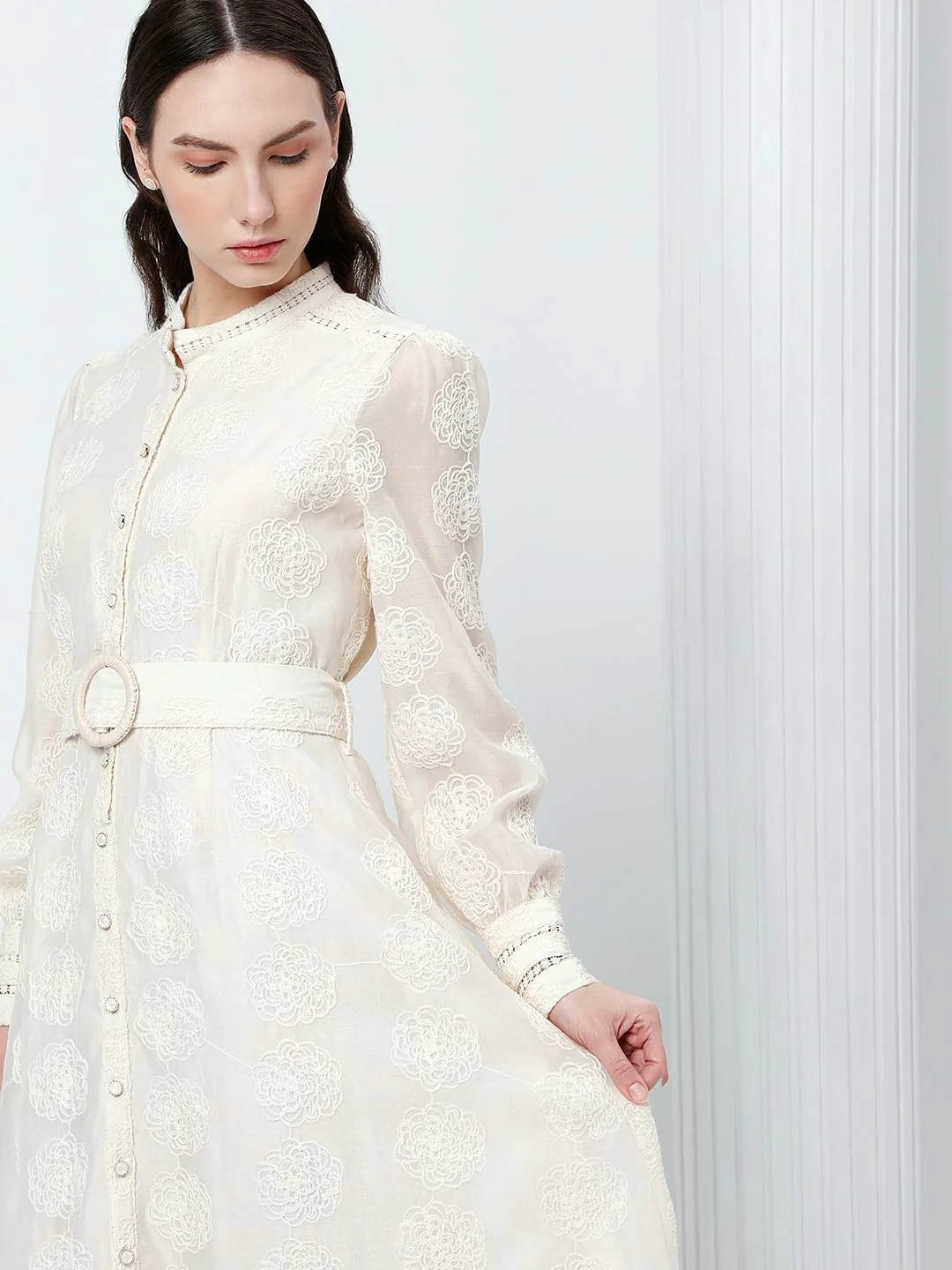 White Embroidered Cuffed Sleeves Dress - Image 5