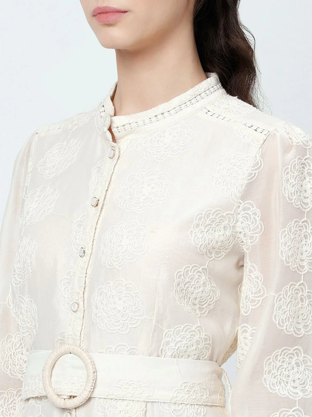 White Embroidered Cuffed Sleeves Dress - Image 6