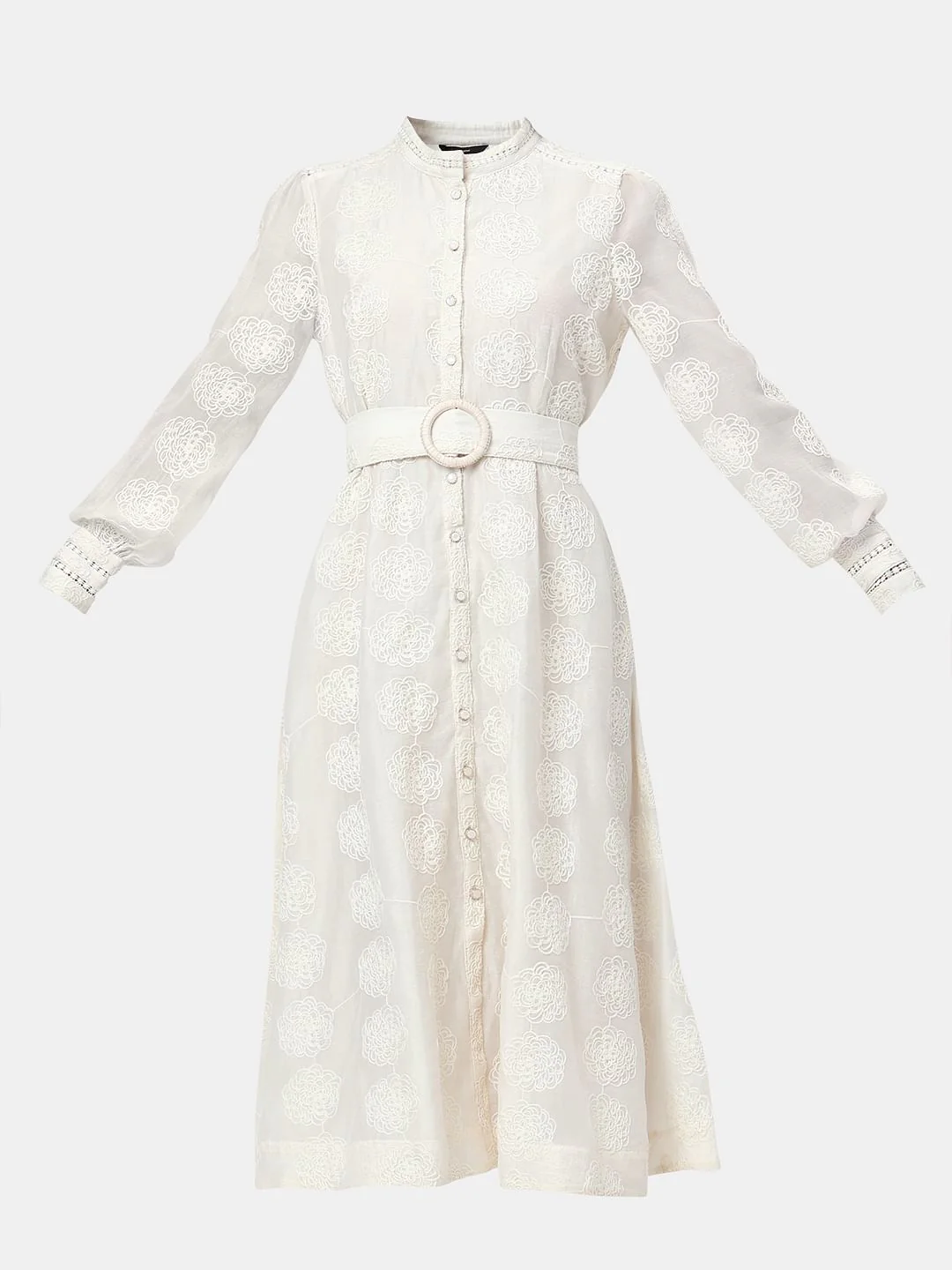 White Embroidered Cuffed Sleeves Dress - Image 7