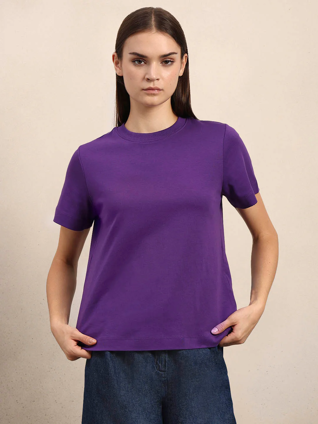 Crew Neck Cotton T-Shirt - Purple - Image 2