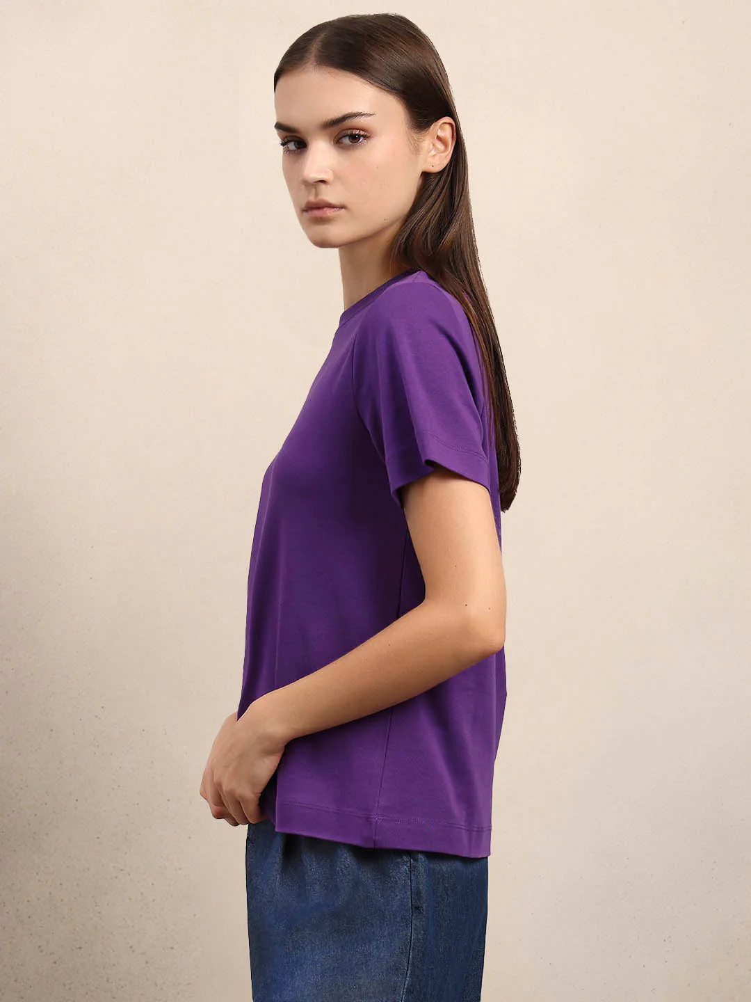 Crew Neck Cotton T-Shirt - Purple - Image 3