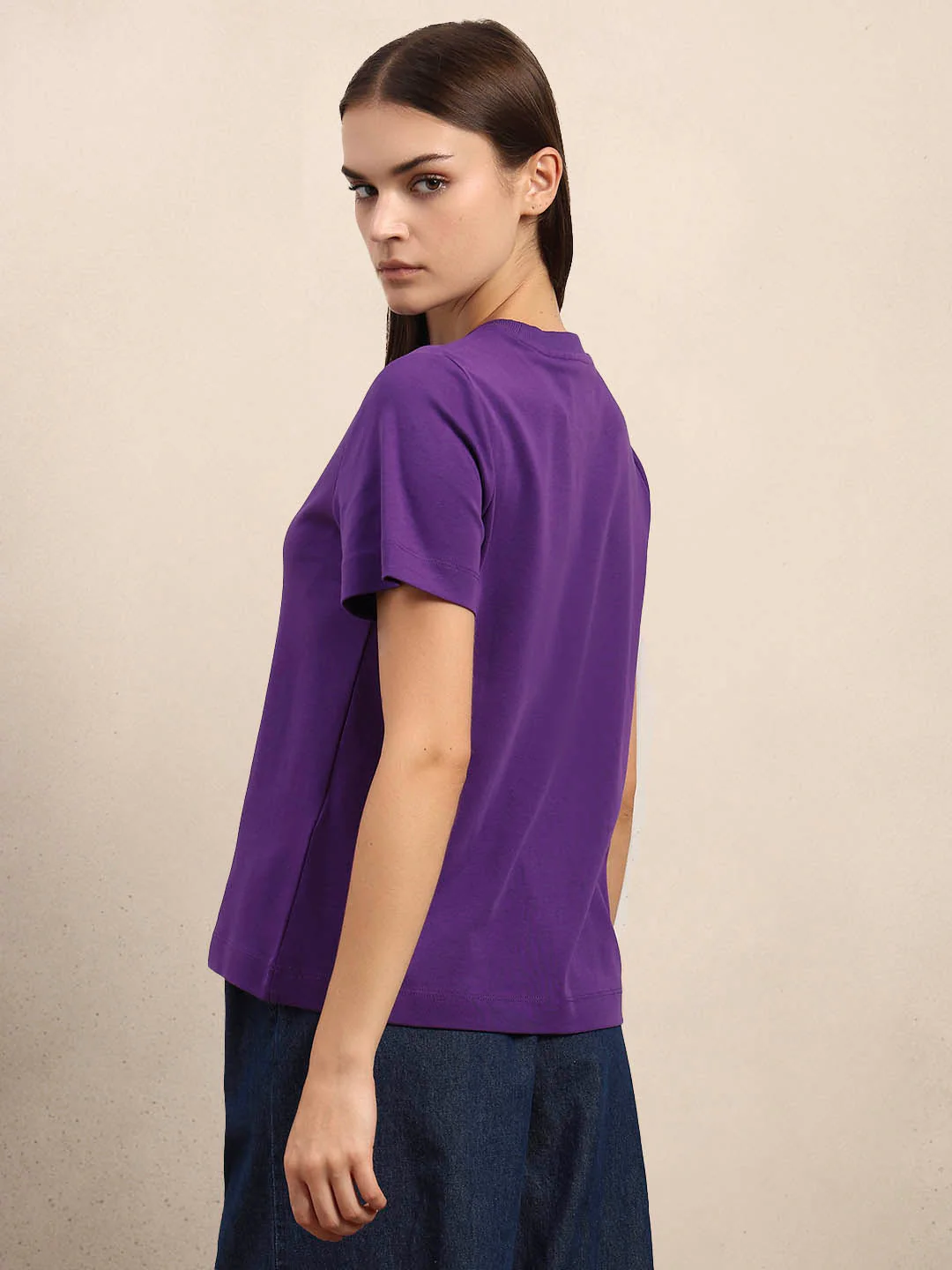 Crew Neck Cotton T-Shirt - Purple - Image 4