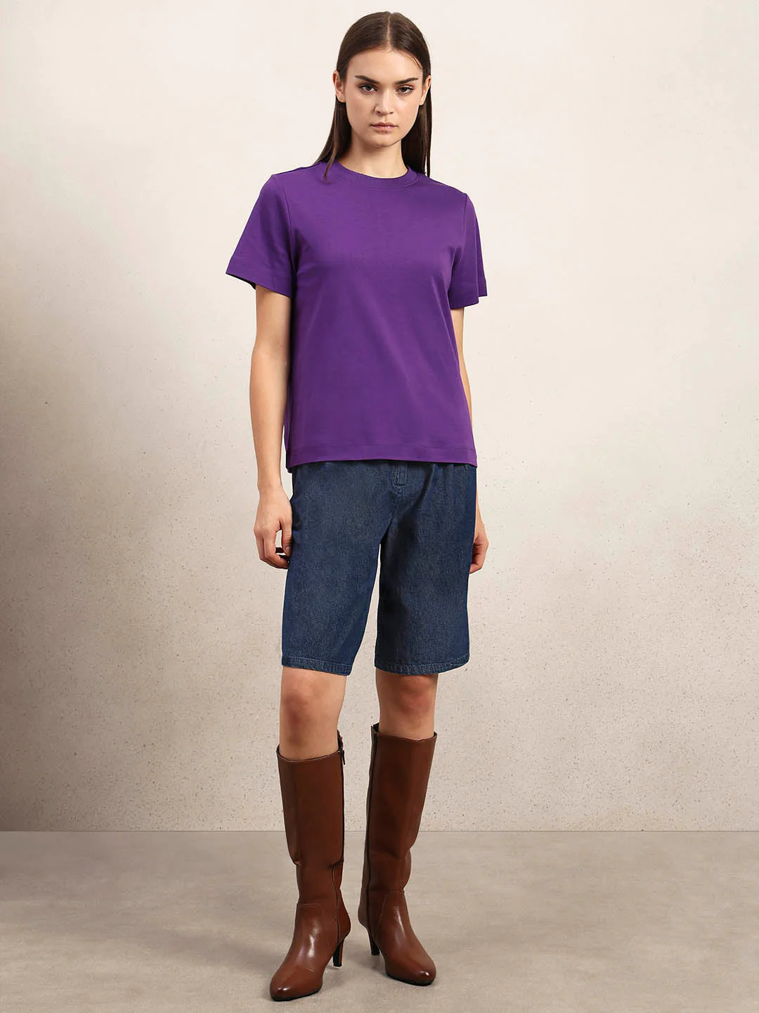 Crew Neck Cotton T-Shirt - Purple - Image 5