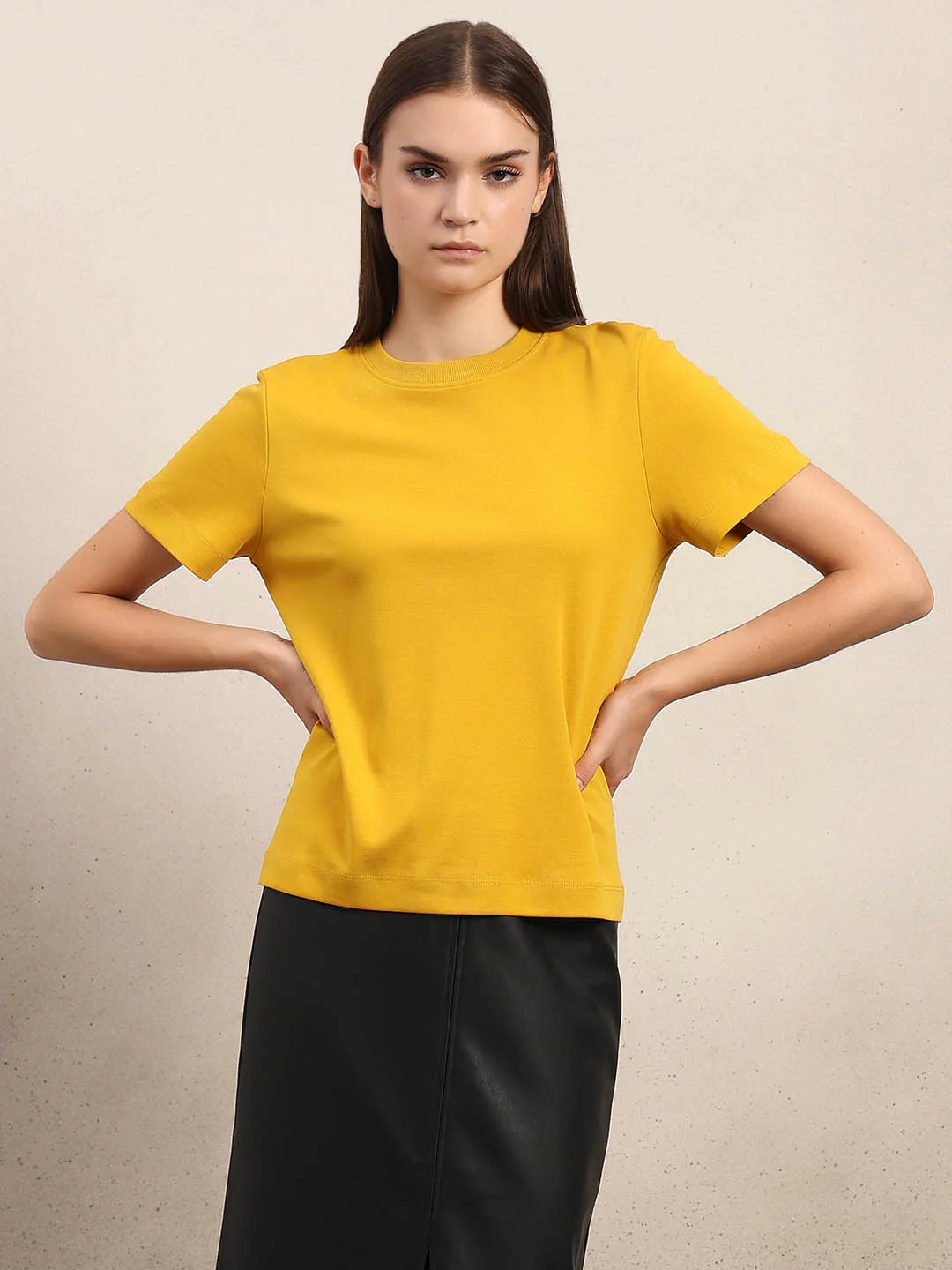 Crew Neck Cotton T-Shirt - Yellow - Image 2