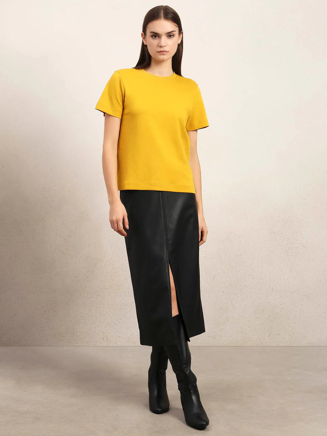 Crew Neck Cotton T-Shirt - Yellow - Image 5
