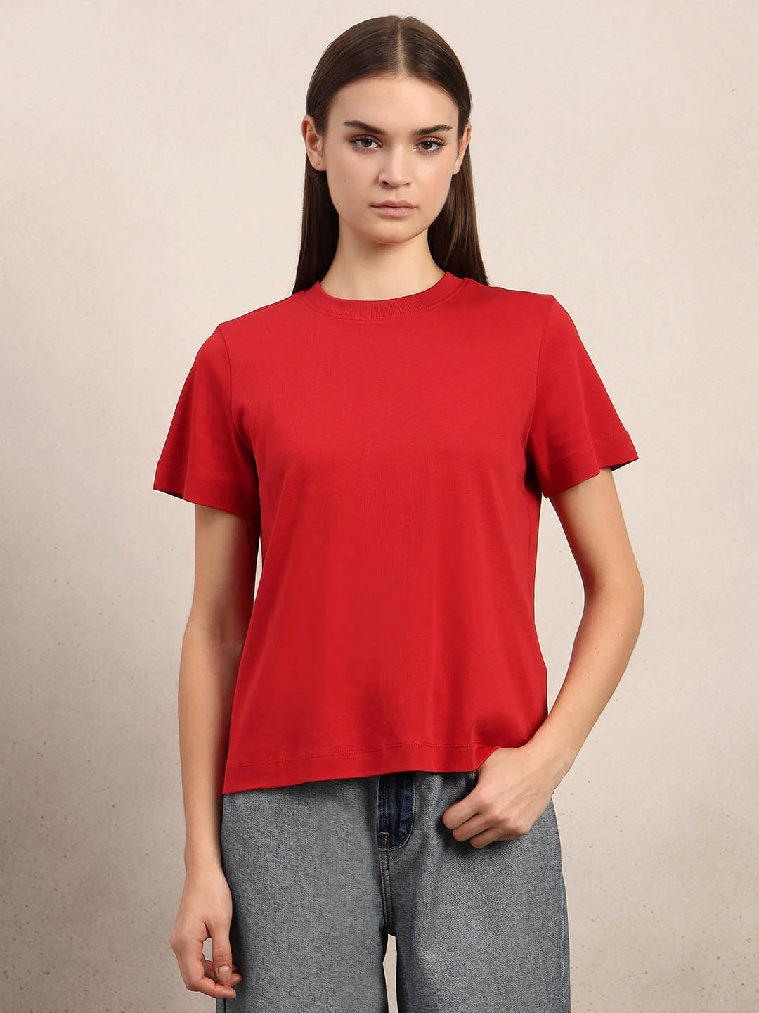 Crew Neck Cotton T-Shirt - Red - Image 2