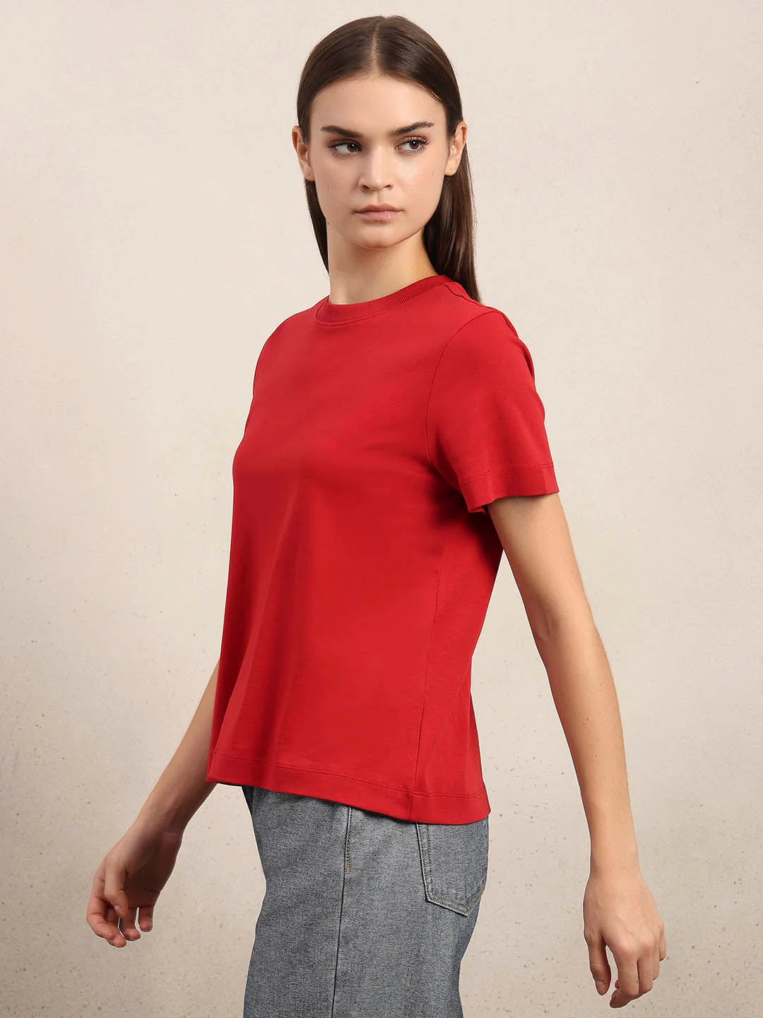 Crew Neck Cotton T-Shirt - Red - Image 3