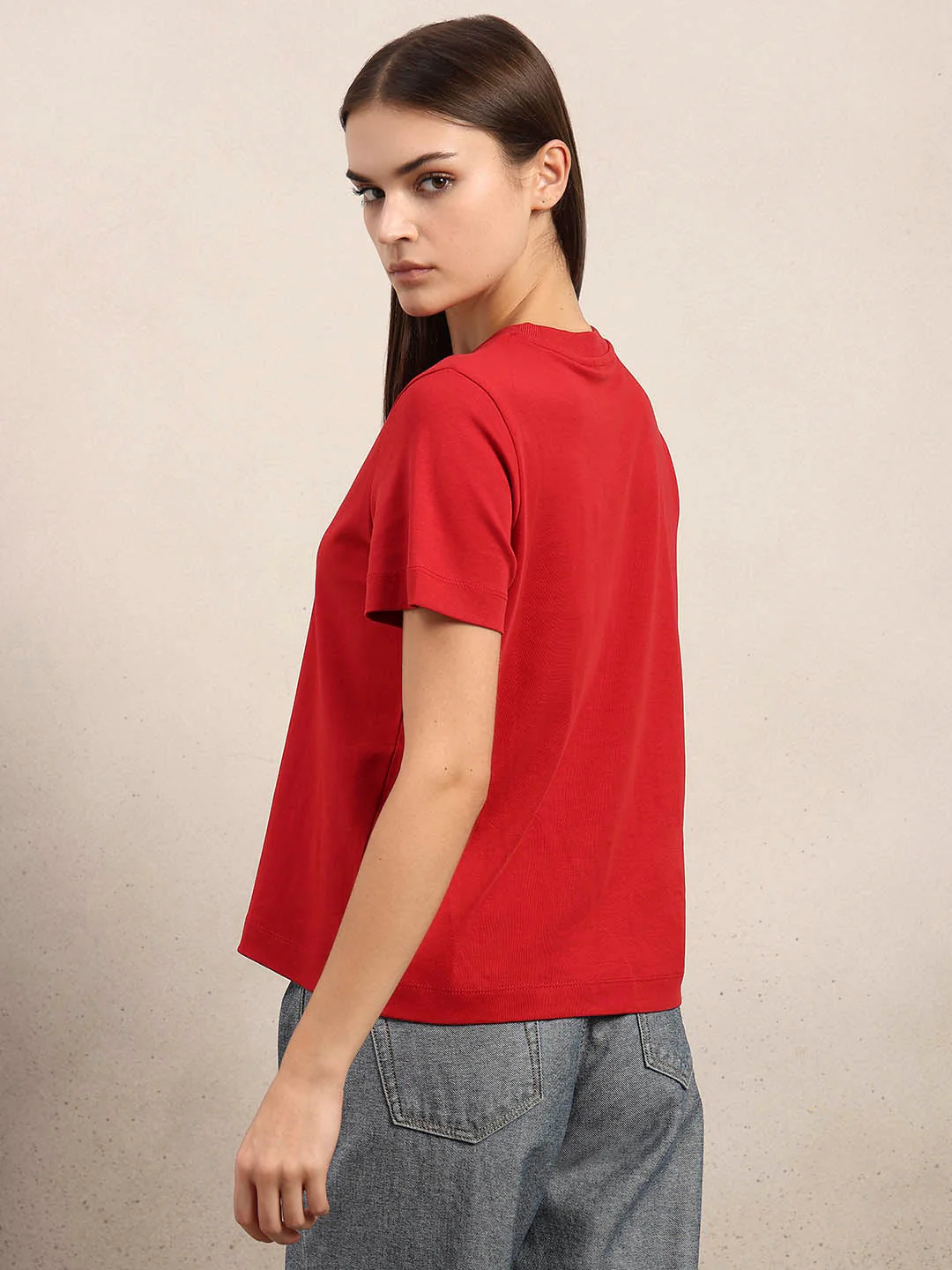Crew Neck Cotton T-Shirt - Red - Image 4
