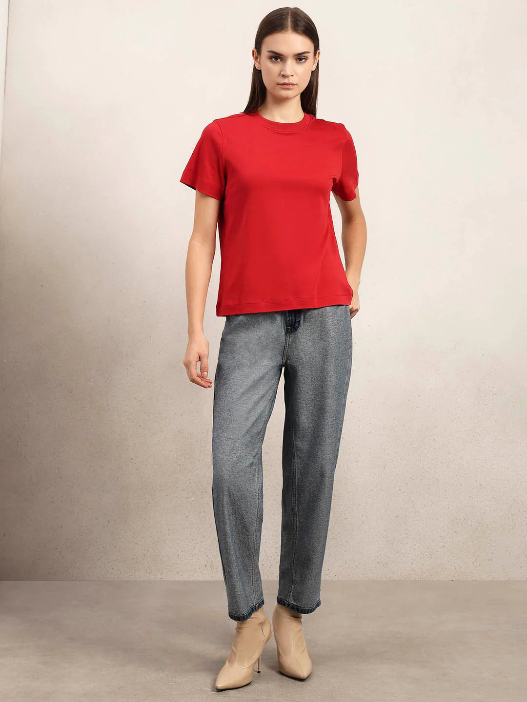 Crew Neck Cotton T-Shirt - Red - Image 5