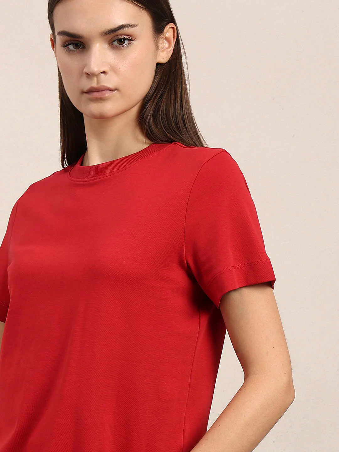 Crew Neck Cotton T-Shirt - Red - Image 6