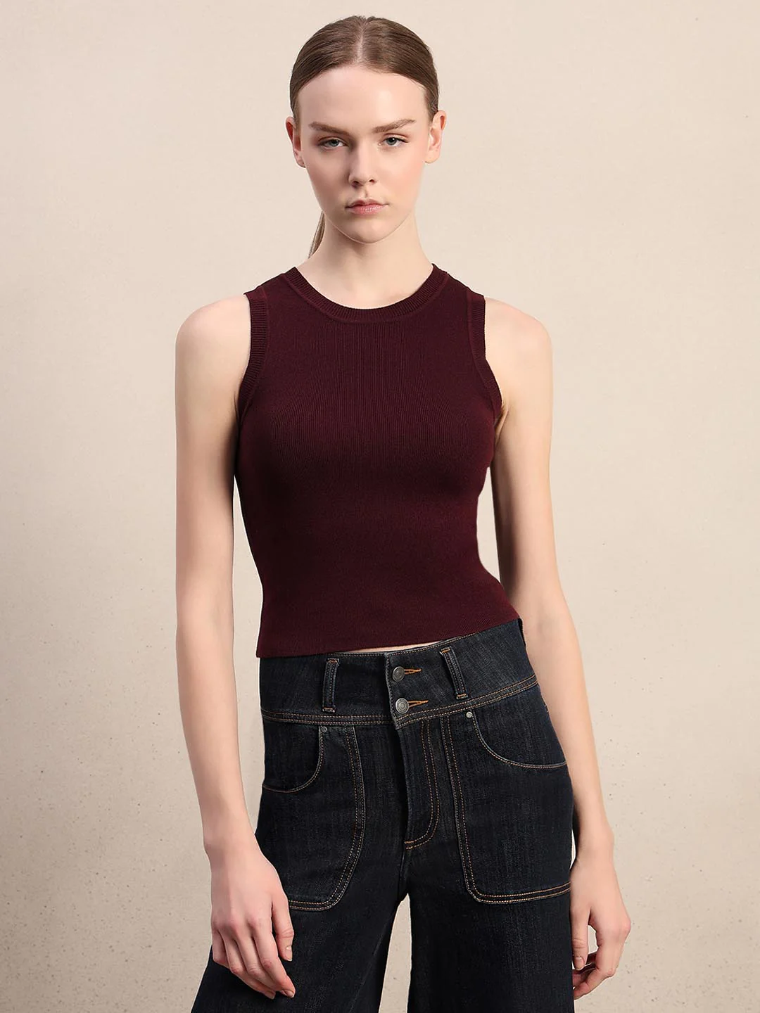 Maroon Round Neck Knitted Top - Image 2