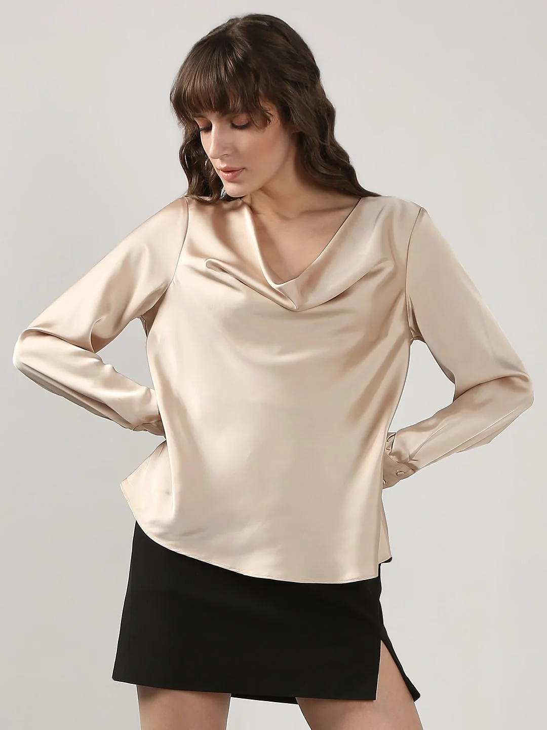 Beige Cowl Neck Satin Top - Image 2