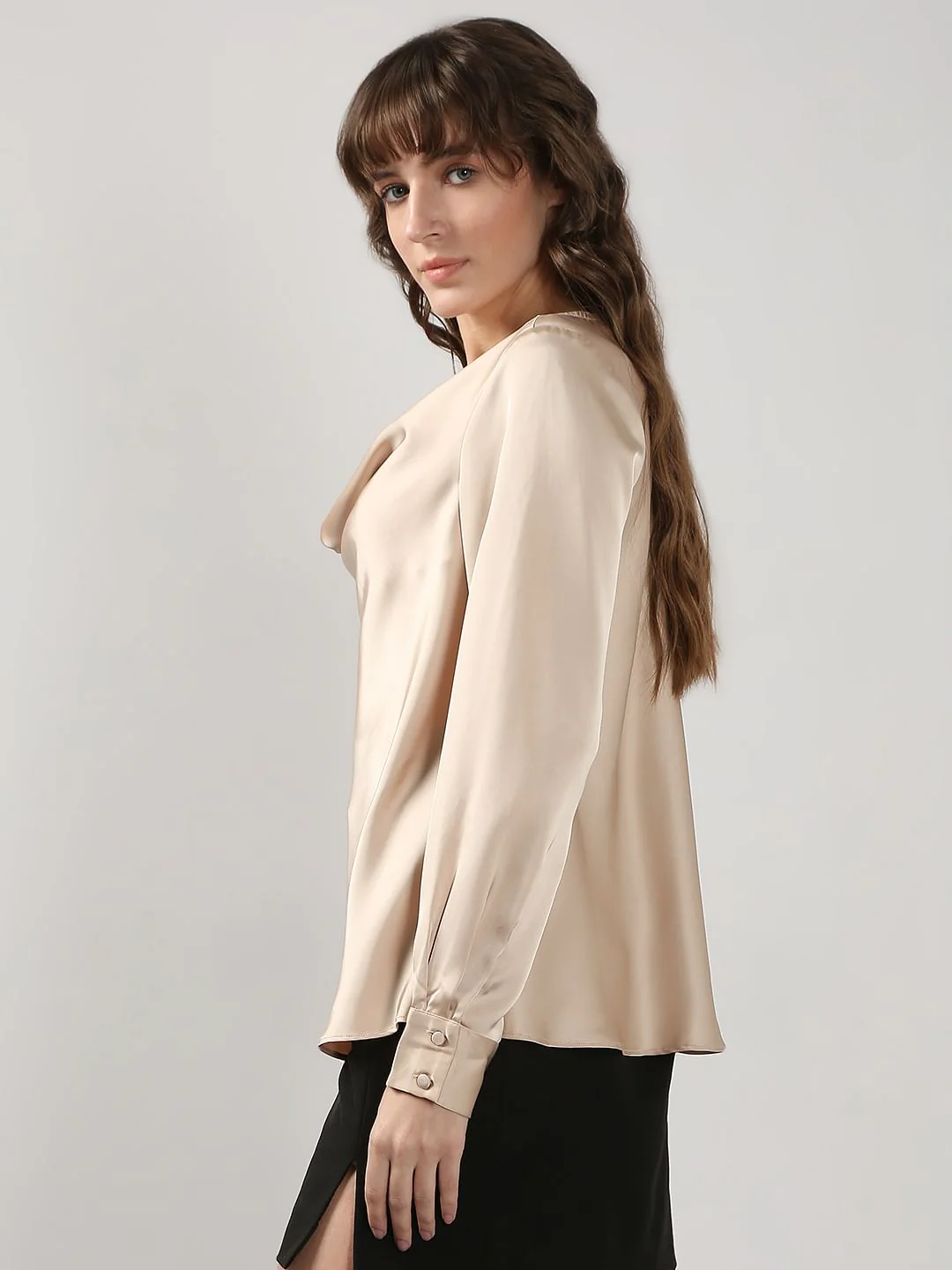 Beige Cowl Neck Satin Top - Image 3