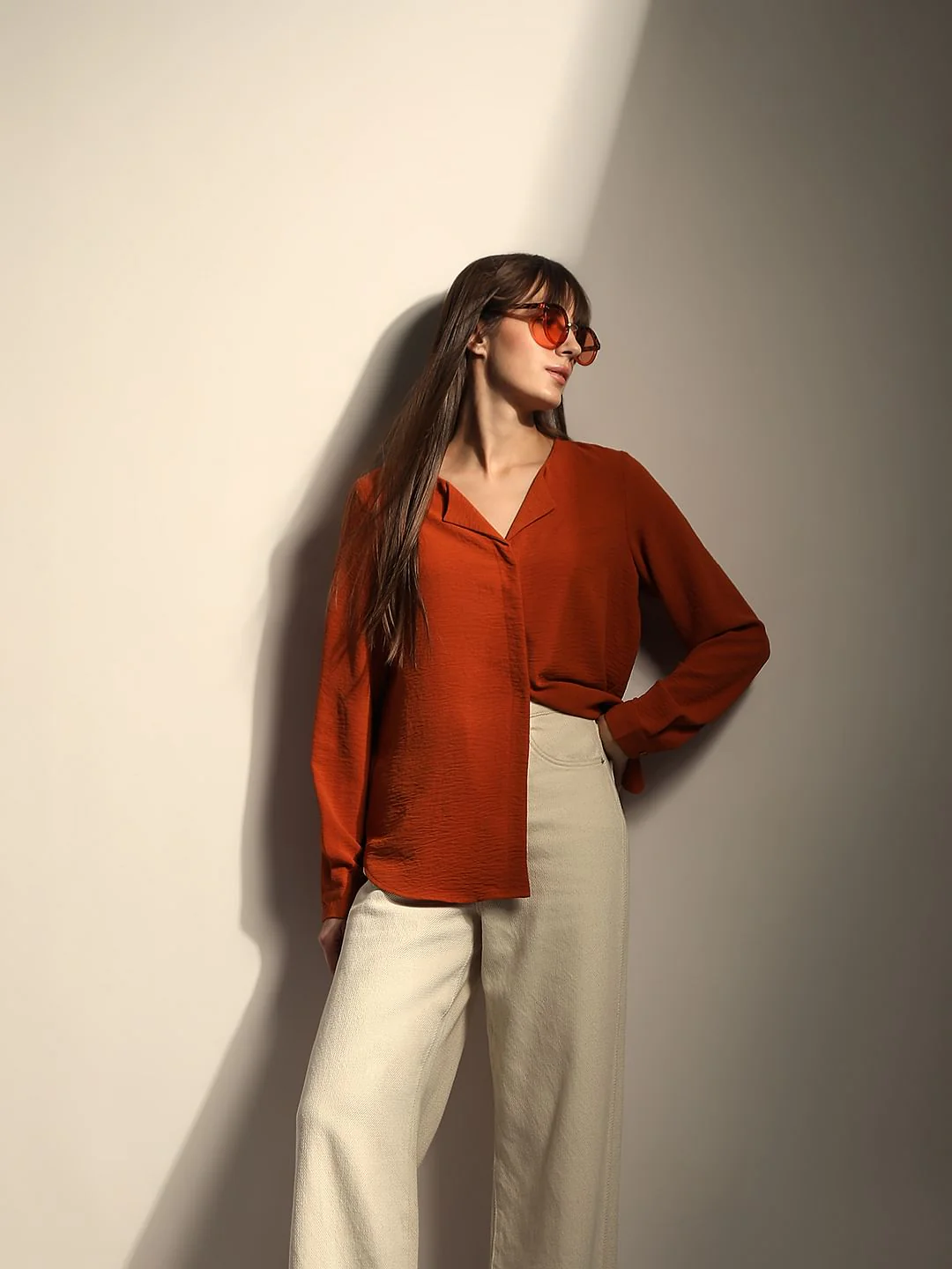 Rust Orange Red V Neck Shirt