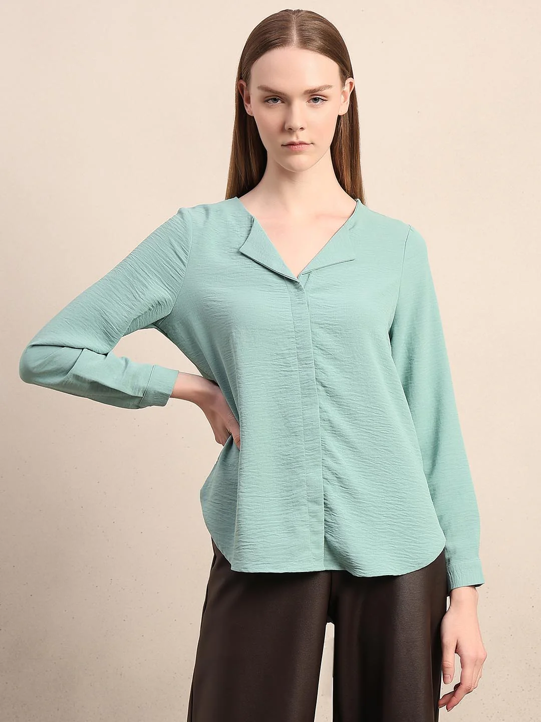 Blue Notched Lapel Collar Top - Image 2