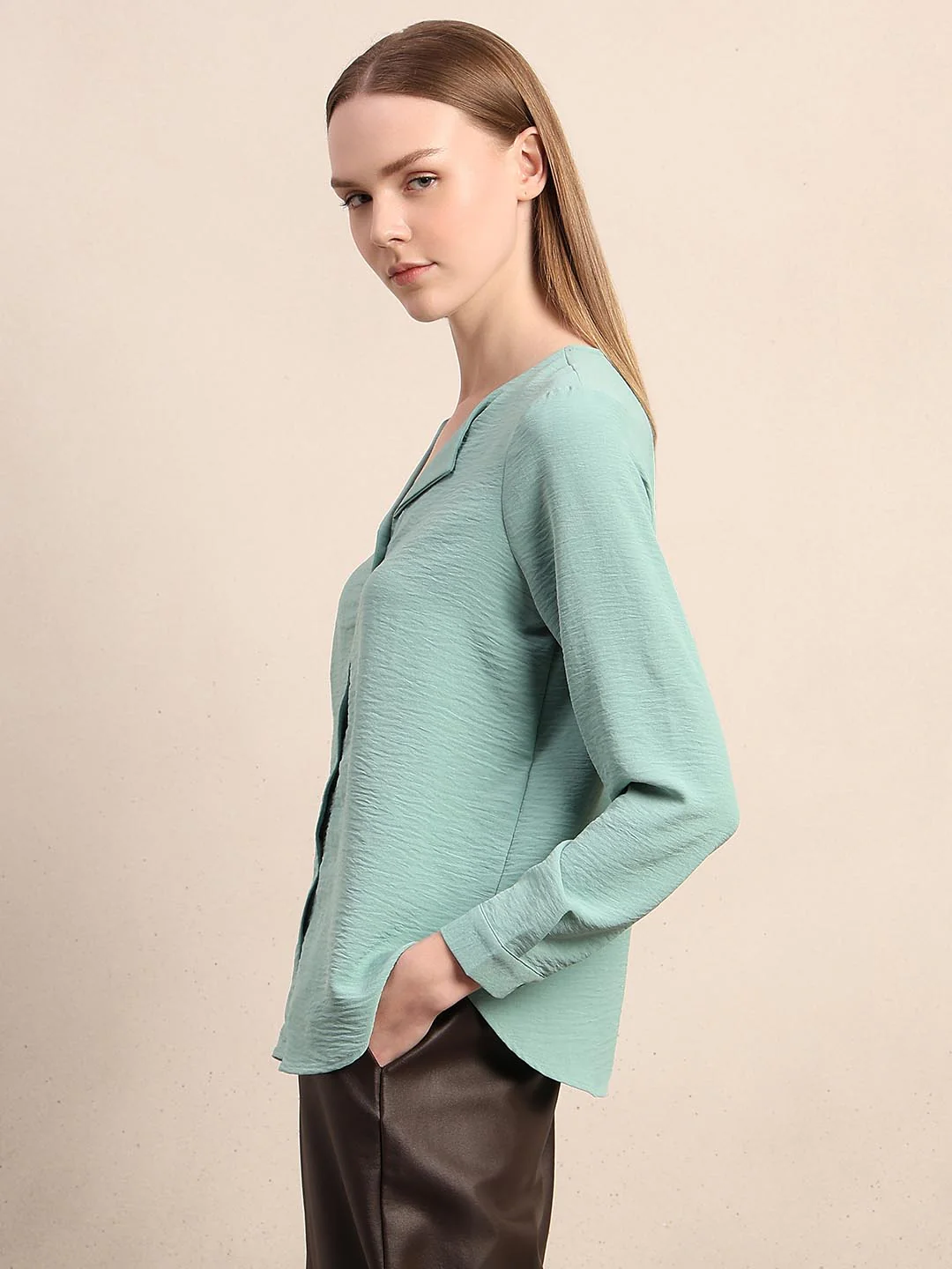 Blue Notched Lapel Collar Top - Image 3