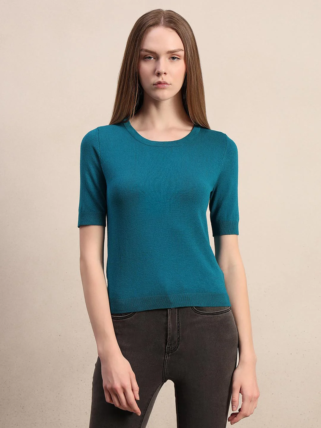 Teal Blue Knitted Short Sleeves Top - Image 2