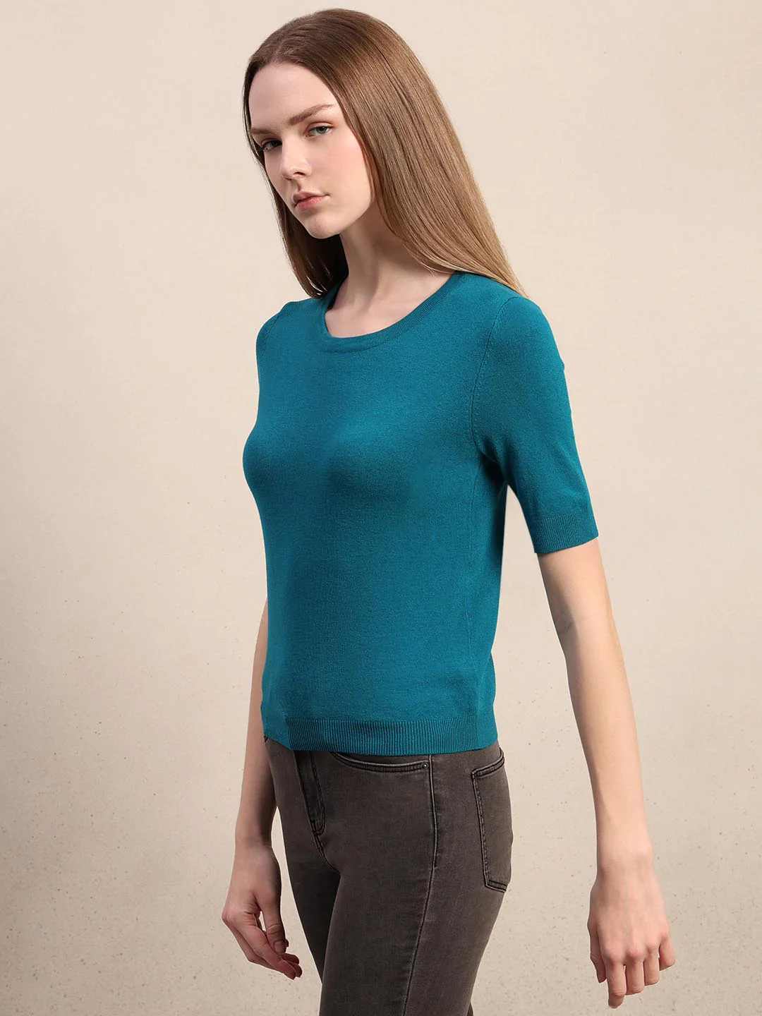 Teal Blue Knitted Short Sleeves Top - Image 3