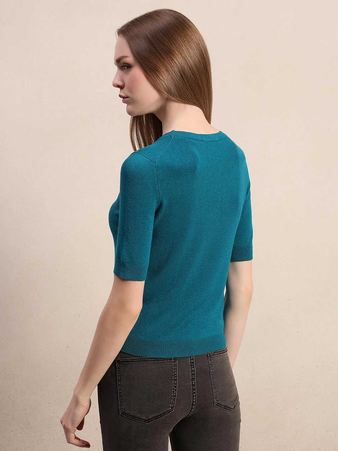 Teal Blue Knitted Short Sleeves Top - Image 4