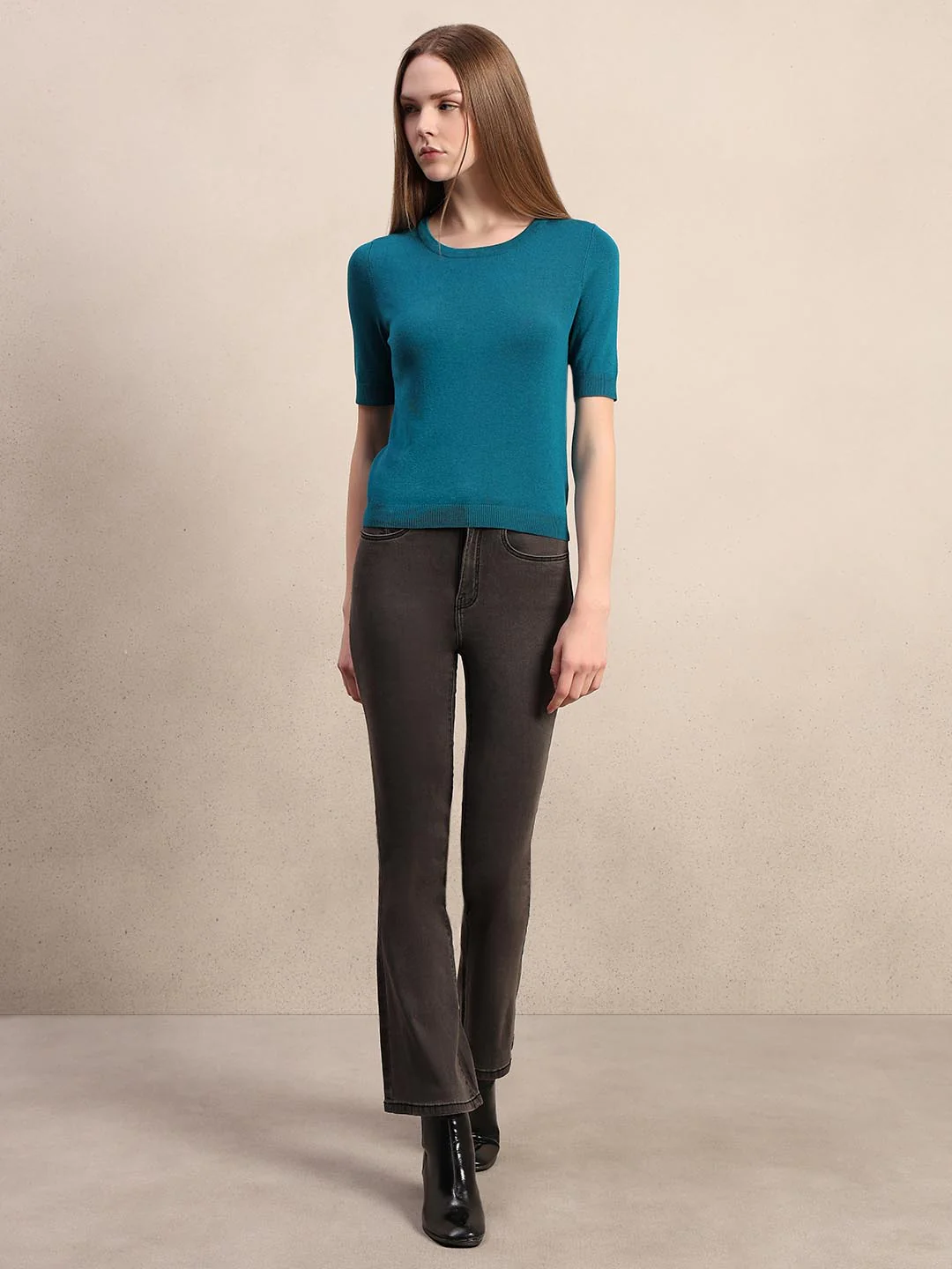Teal Blue Knitted Short Sleeves Top - Image 5