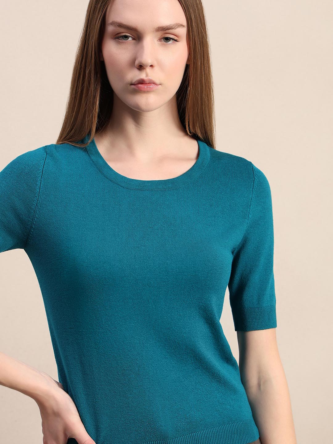 Teal Blue Knitted Short Sleeves Top - Image 6
