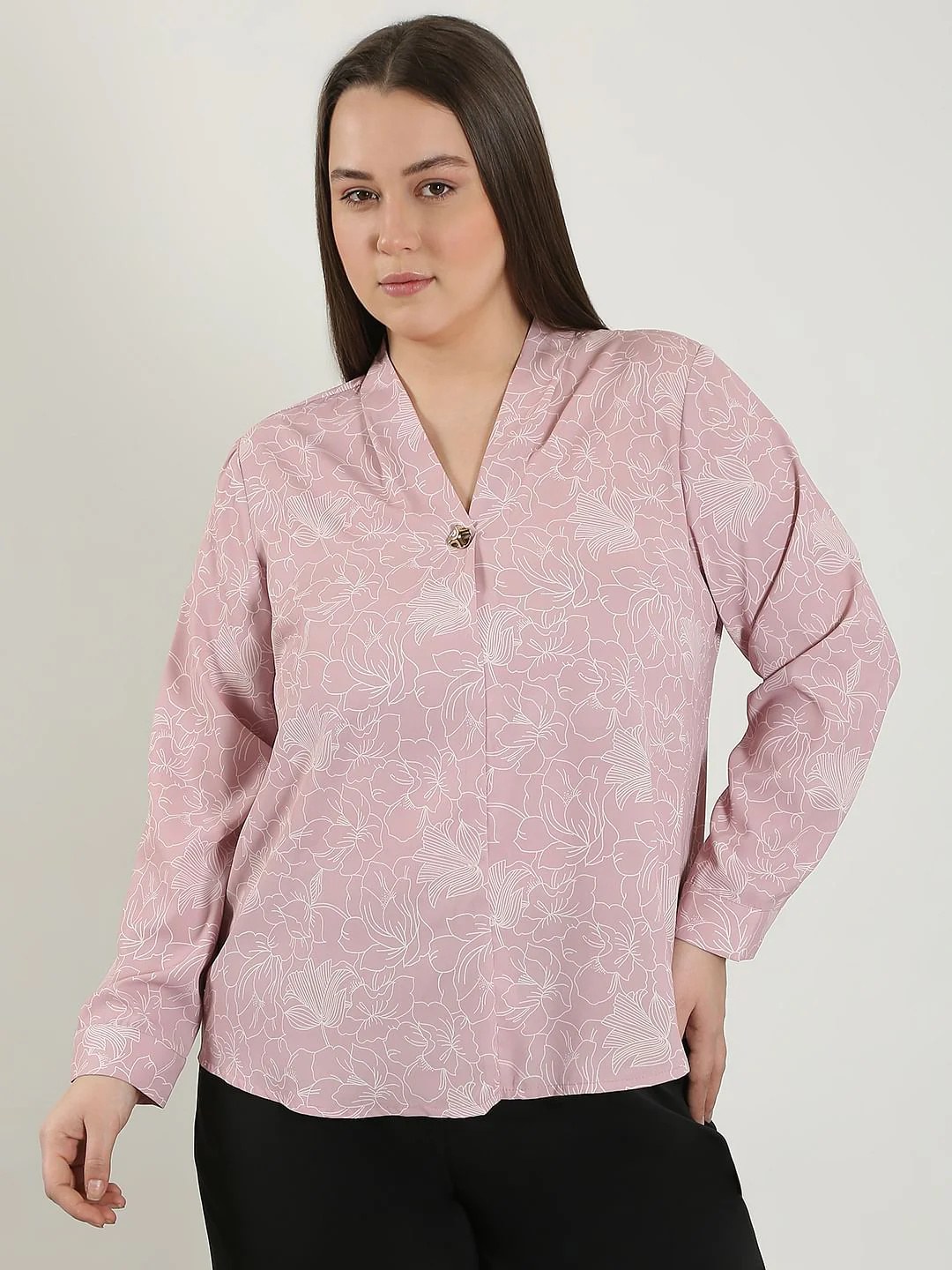 Curve Pink Printed V Neck Top - Image 2
