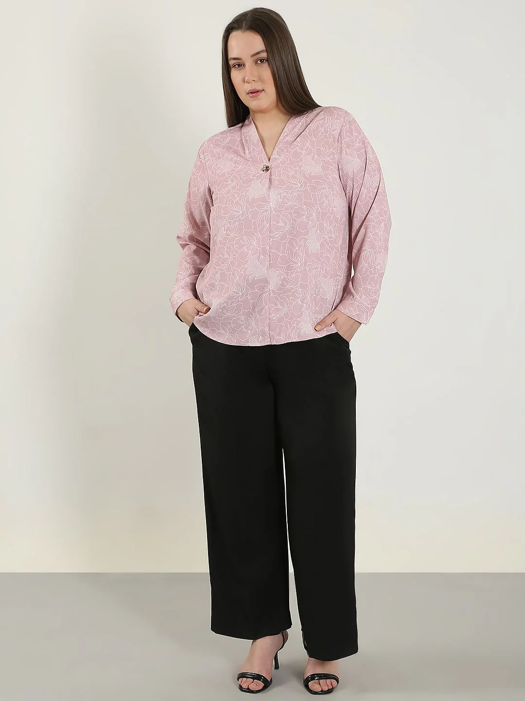 Curve Pink Printed V Neck Top - Image 5