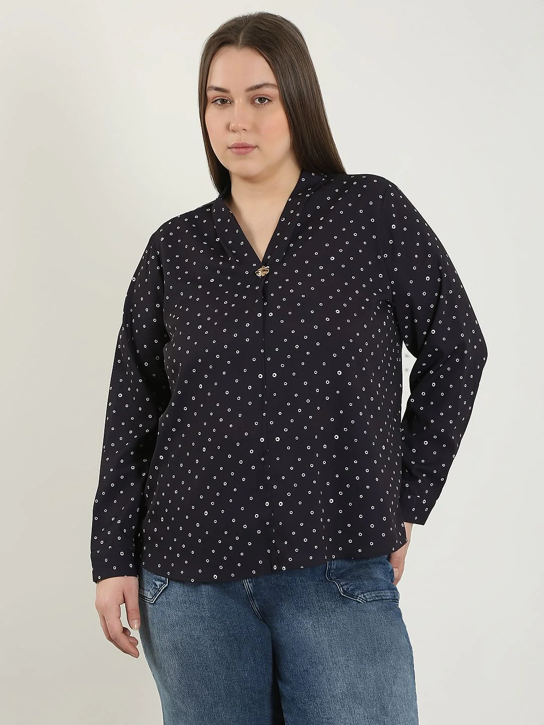 Curve Black Printed V Neck Top - Image 2