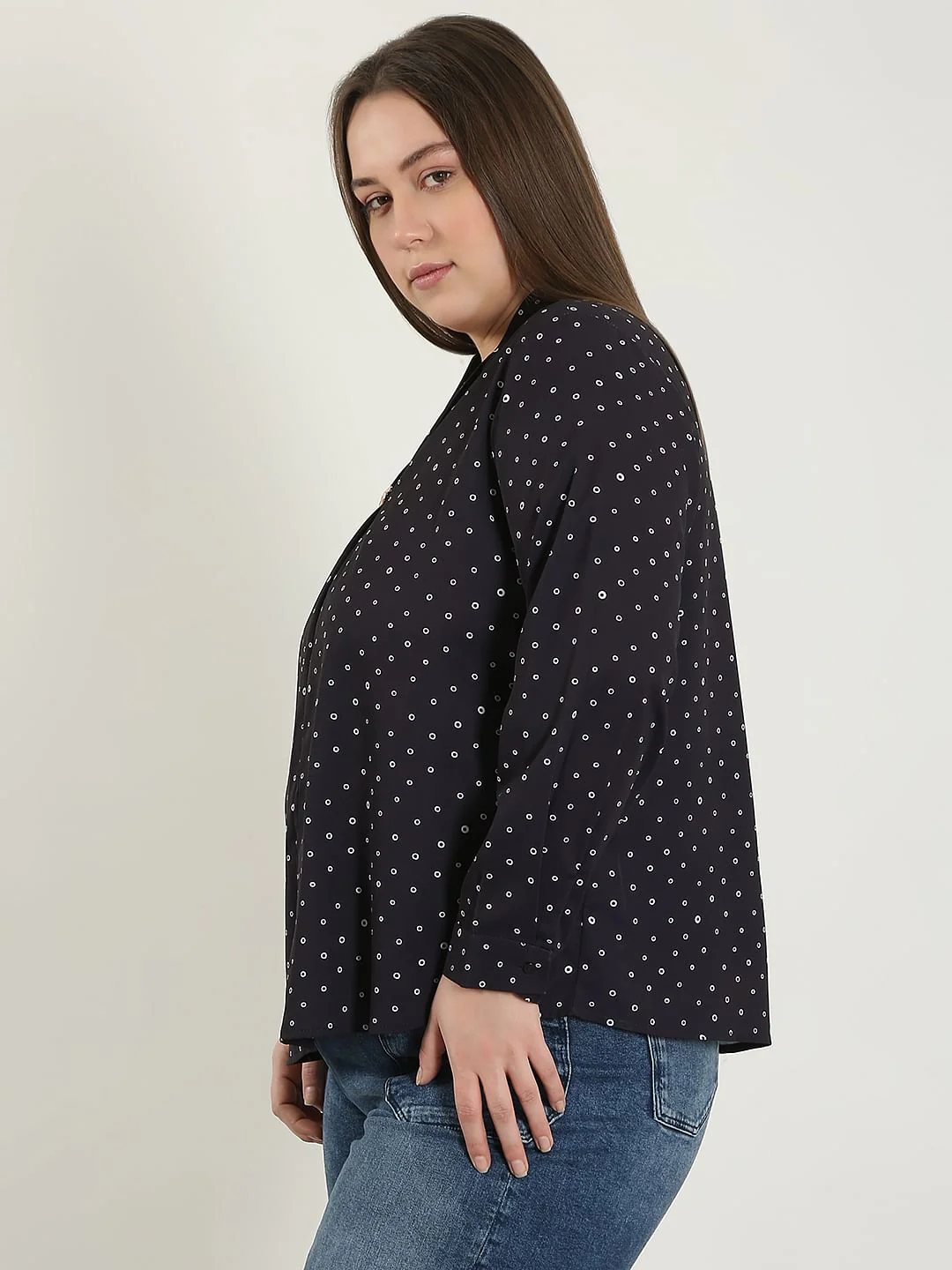Curve Black Printed V Neck Top - Image 3