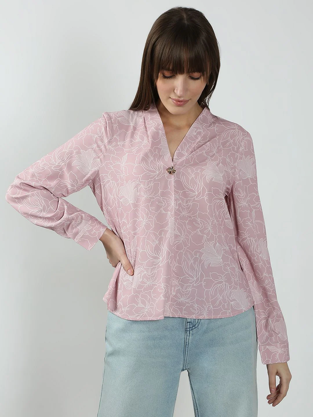 Pink Floral Print V Neck Top - Image 2