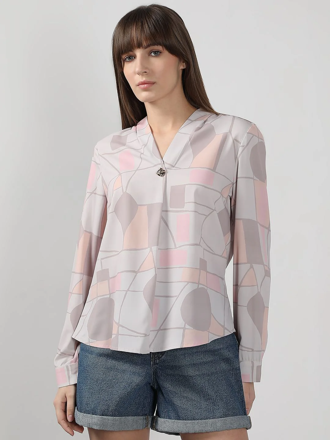 Grey Printed V Neck Top - Image 2