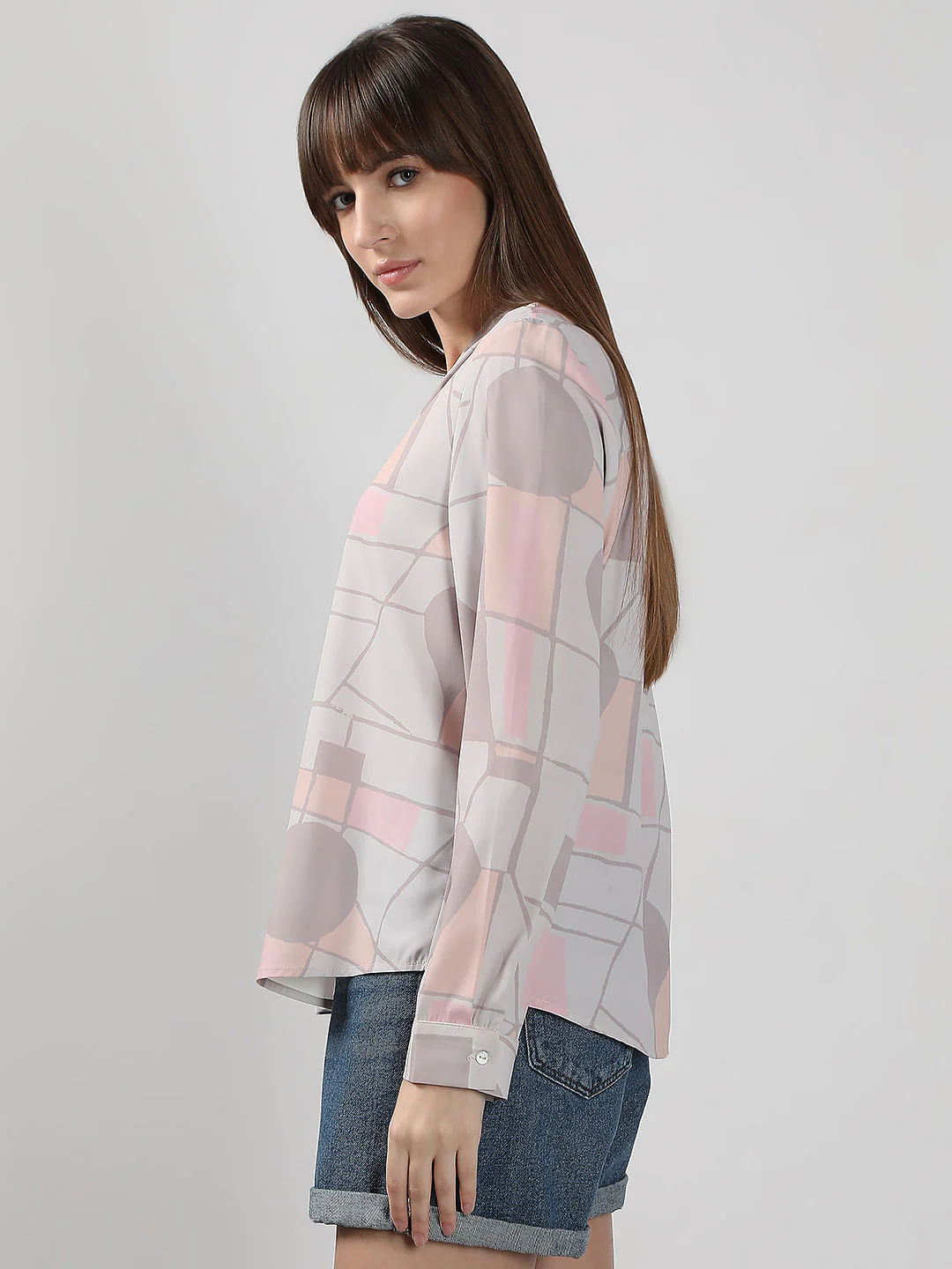 Grey Printed V Neck Top - Image 3
