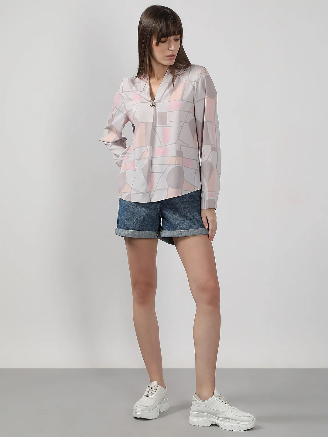 Grey Printed V Neck Top - Image 5