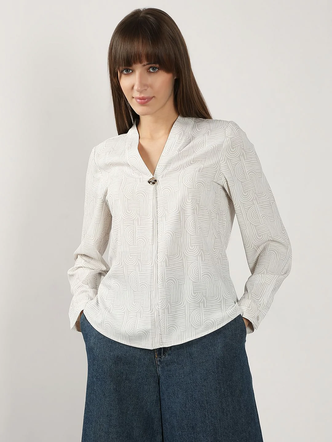 Beige Printed V Neck Top - Image 2
