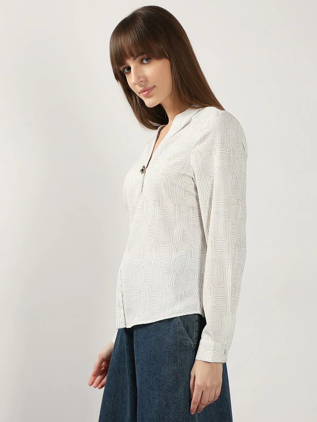 Beige Printed V Neck Top - Image 3
