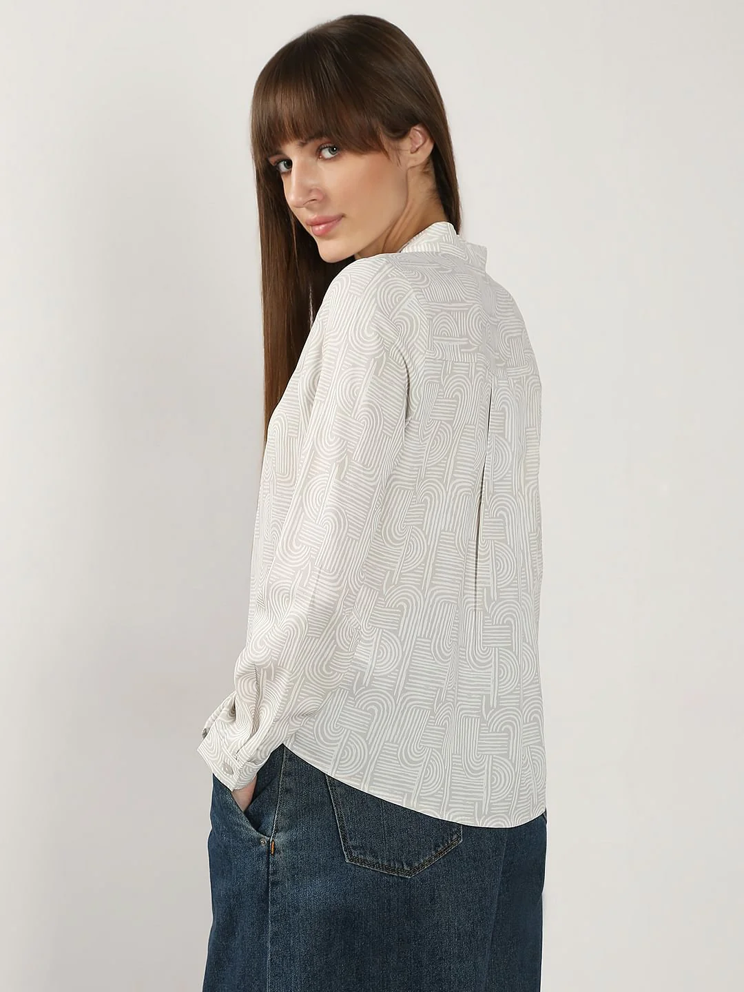 Beige Printed V Neck Top - Image 4