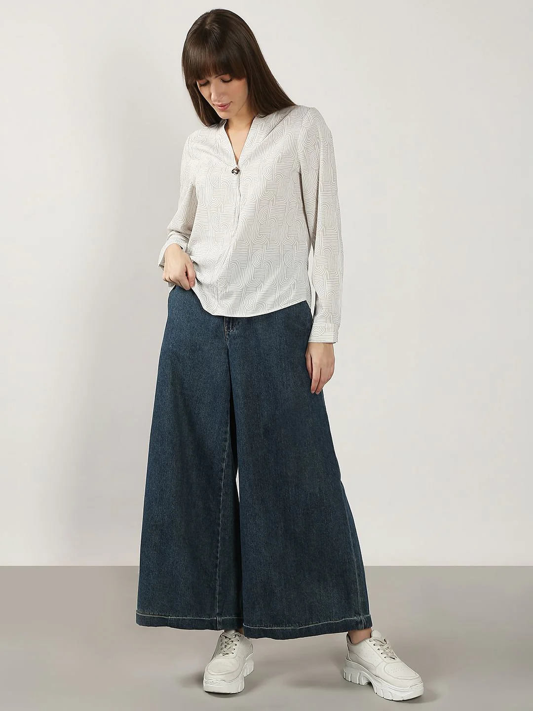 Beige Printed V Neck Top - Image 5
