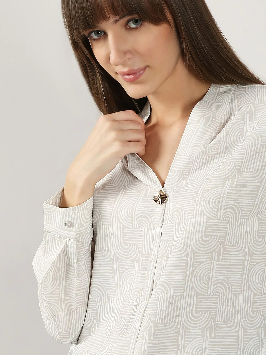 Beige Printed V Neck Top - Image 6