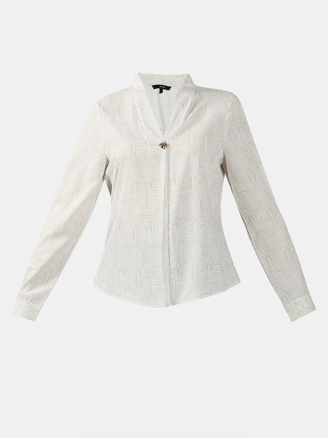 Beige Printed V Neck Top - Image 7