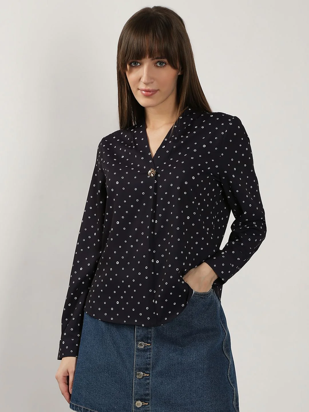 Black Printed V Neck Top - Image 2