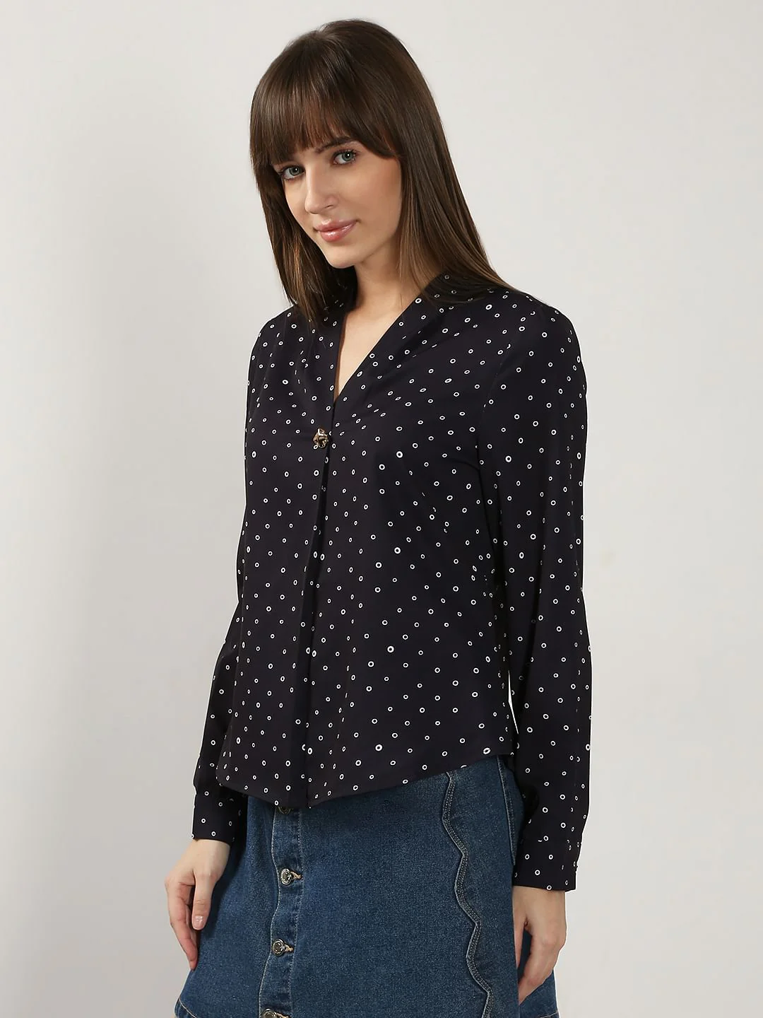Black Printed V Neck Top - Image 3