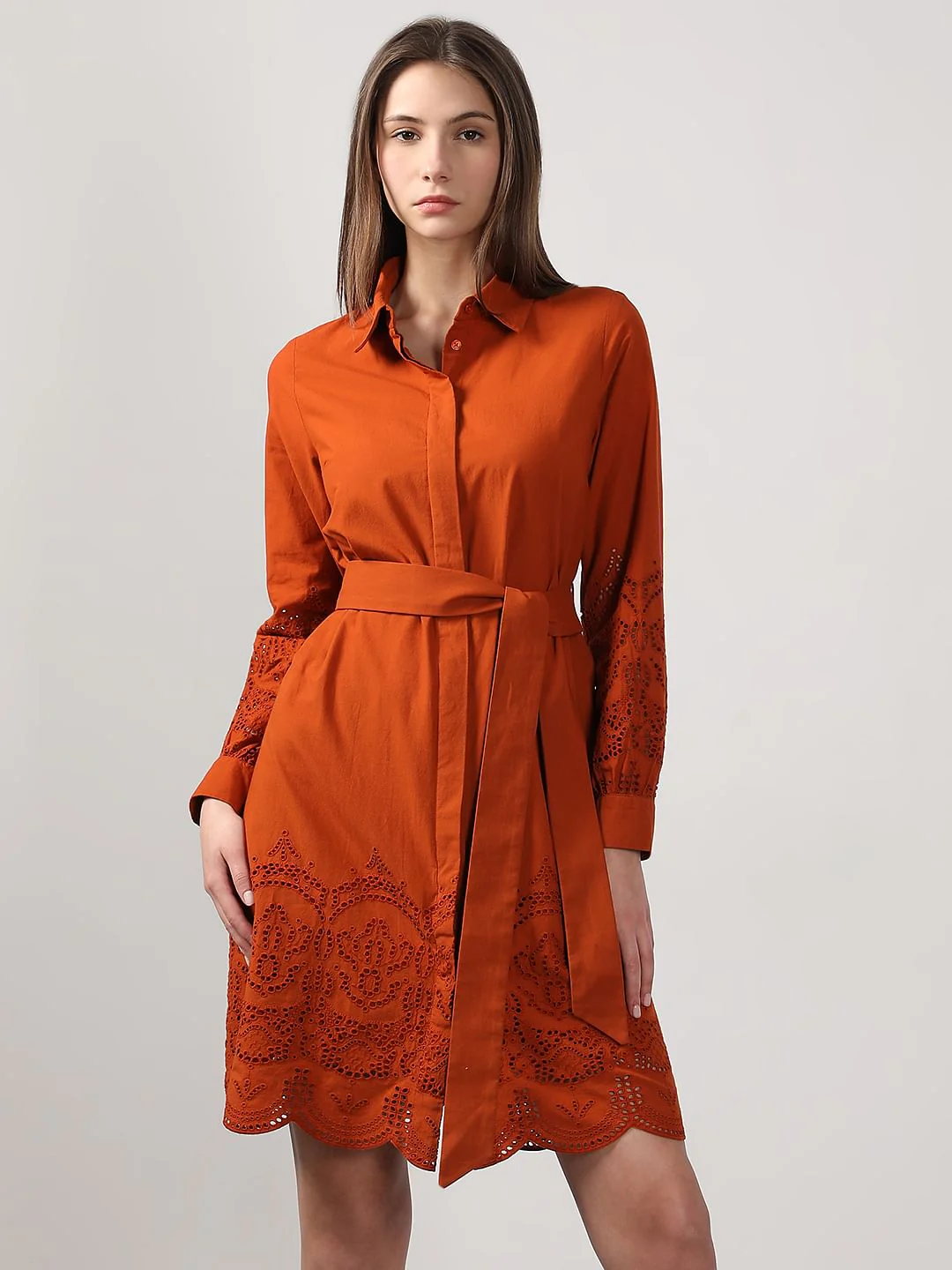 Rust Orange Schiffli Detail Cotton Dress - Image 2