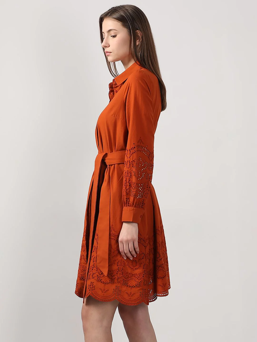 Rust Orange Schiffli Detail Cotton Dress - Image 3