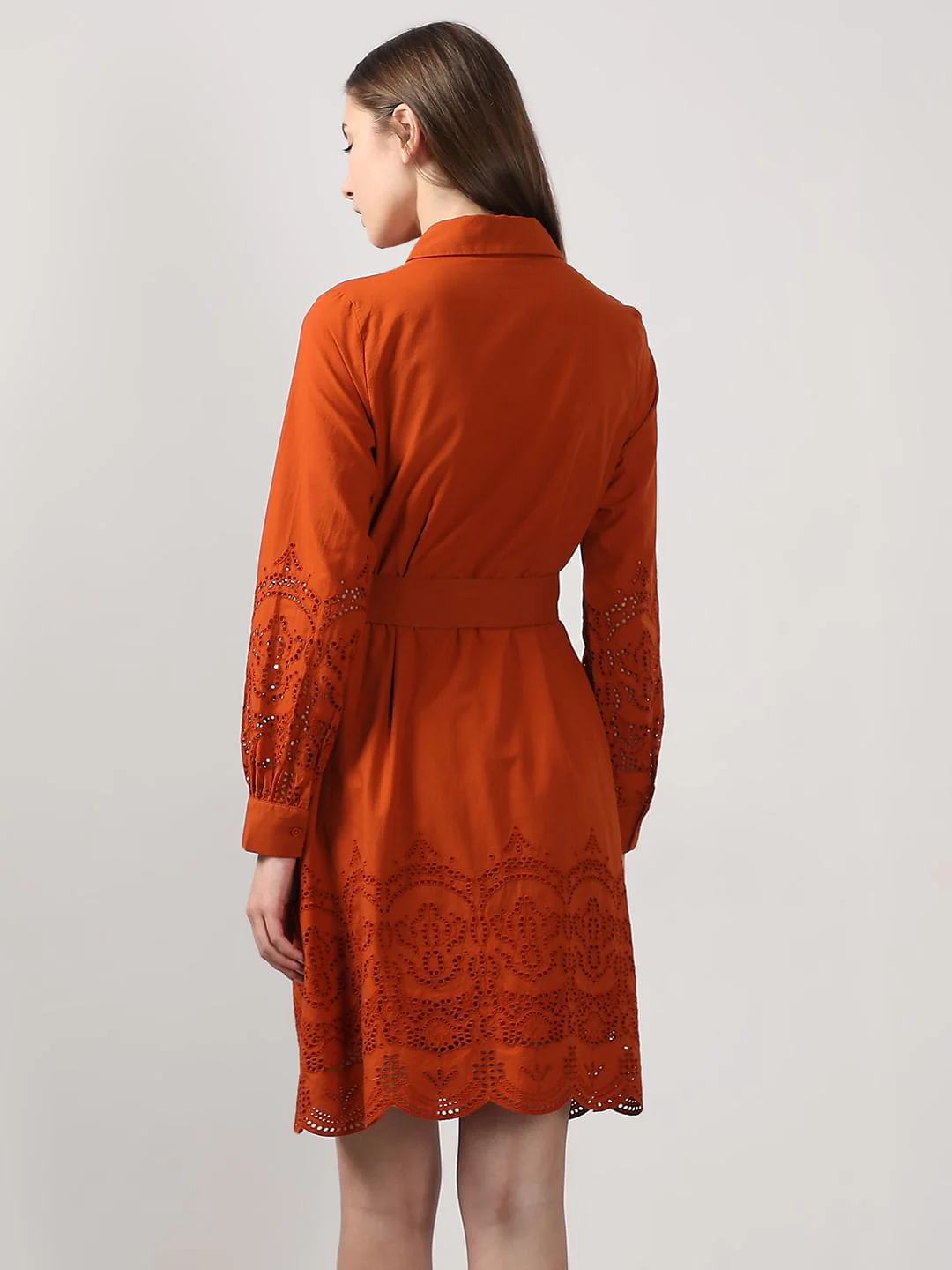 Rust Orange Schiffli Detail Cotton Dress - Image 4