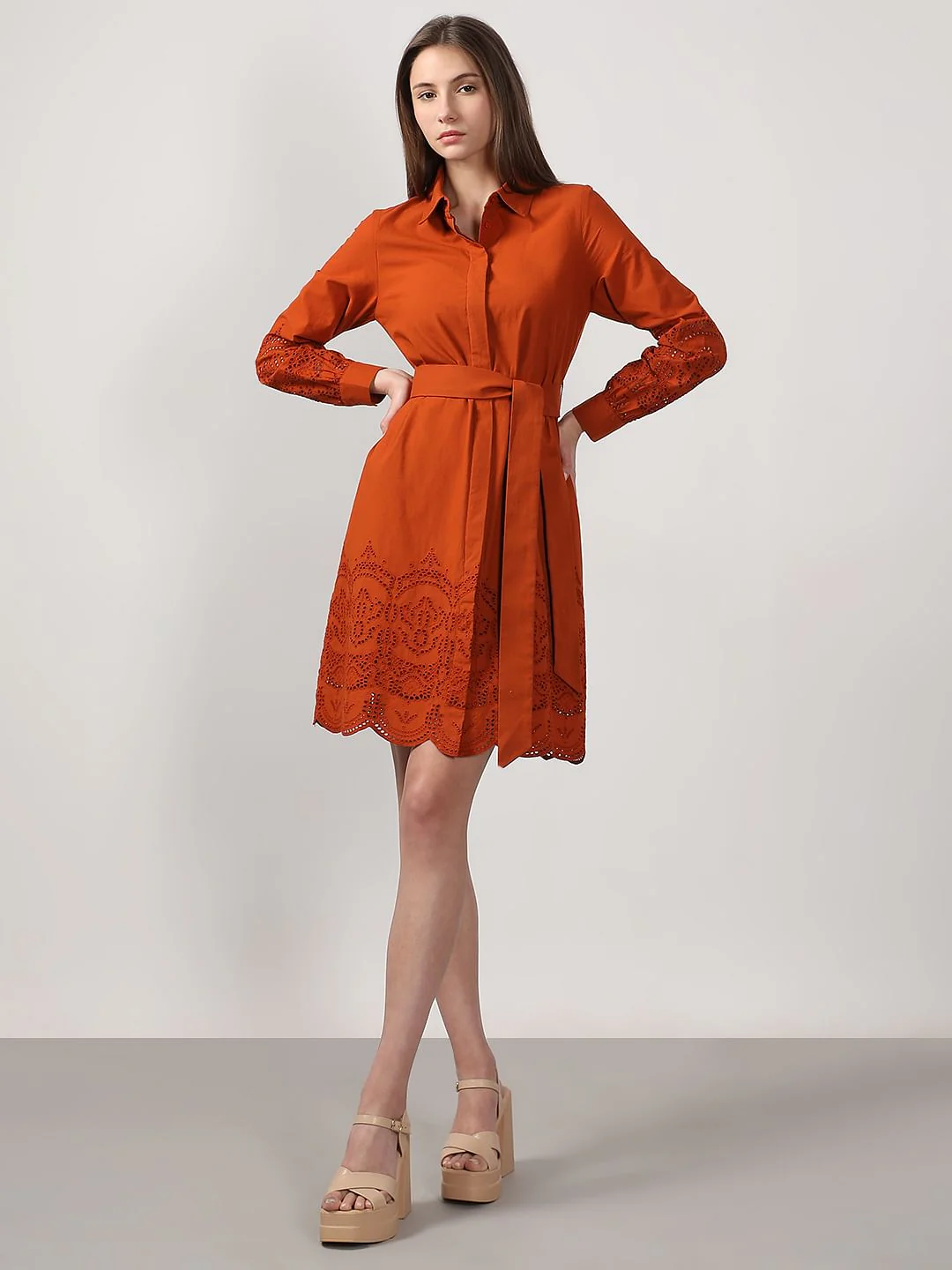 Rust Orange Schiffli Detail Cotton Dress - Image 5