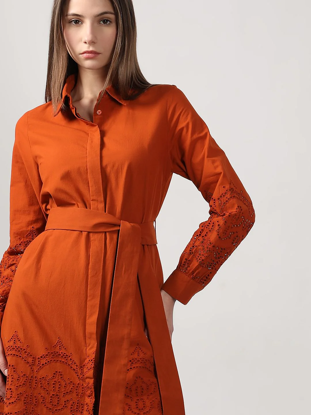 Rust Orange Schiffli Detail Cotton Dress - Image 6