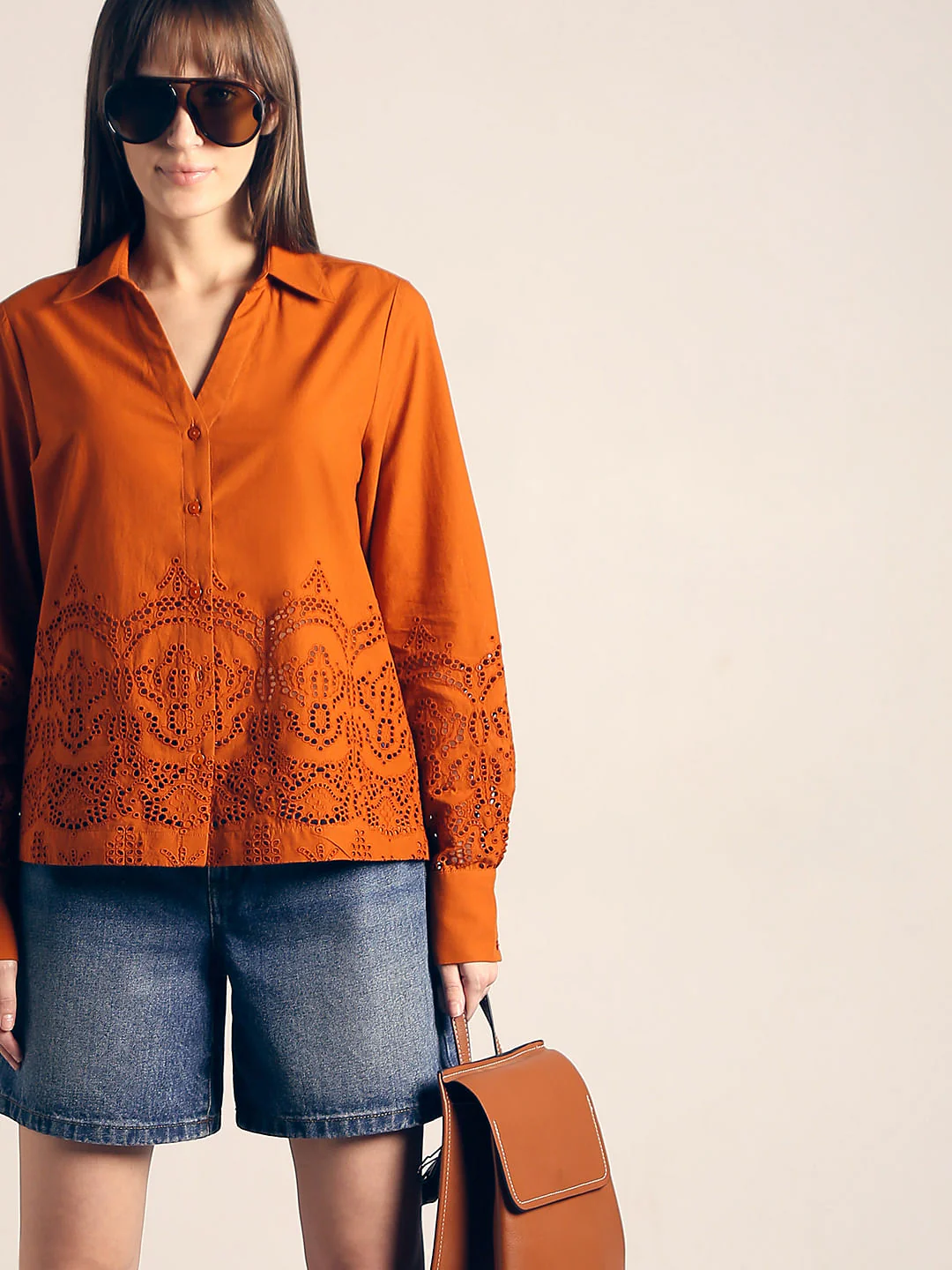 Rust Red Schiffli Cotton Shirt