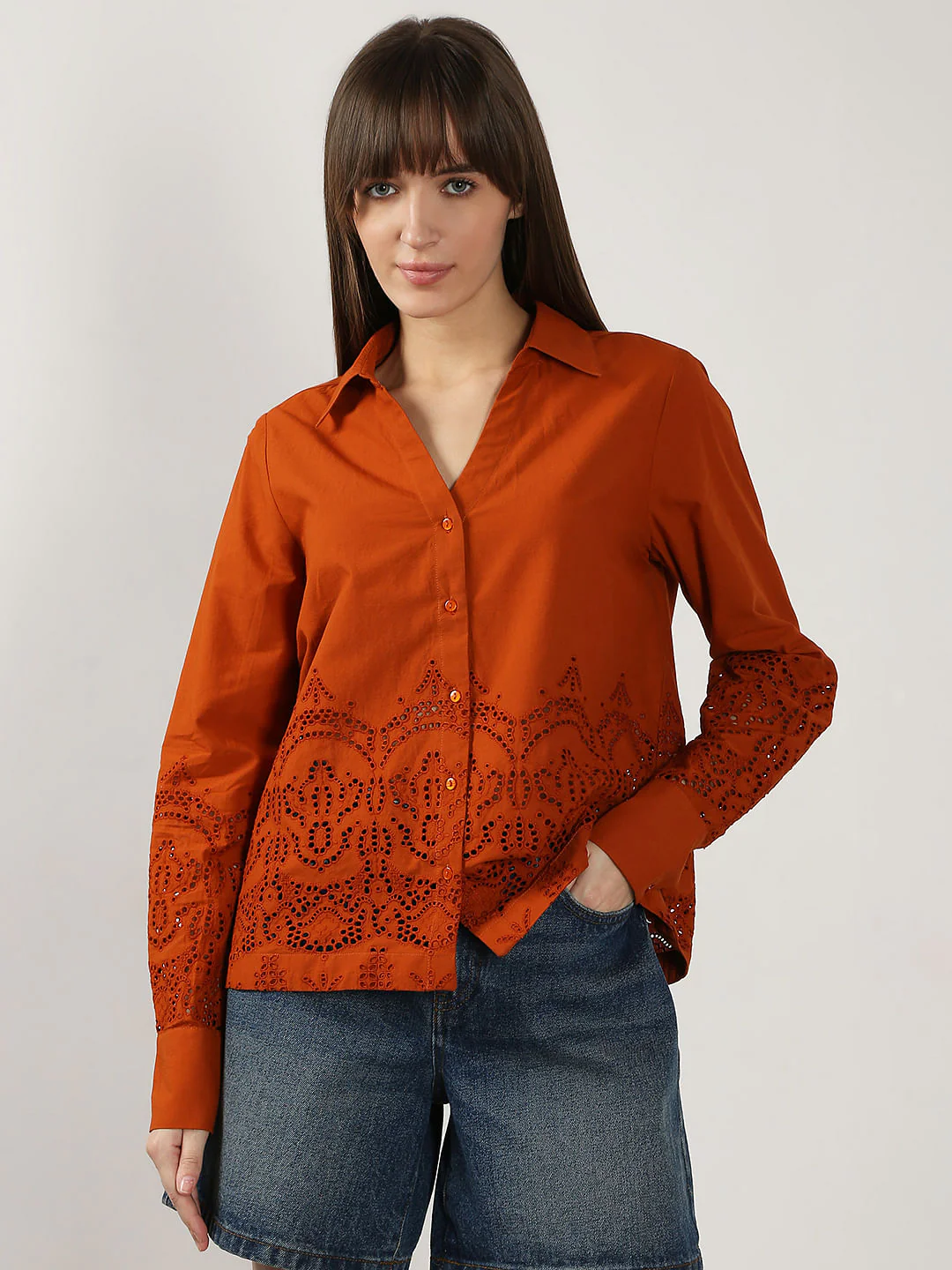 Rust Red Schiffli Cotton Shirt - Image 2